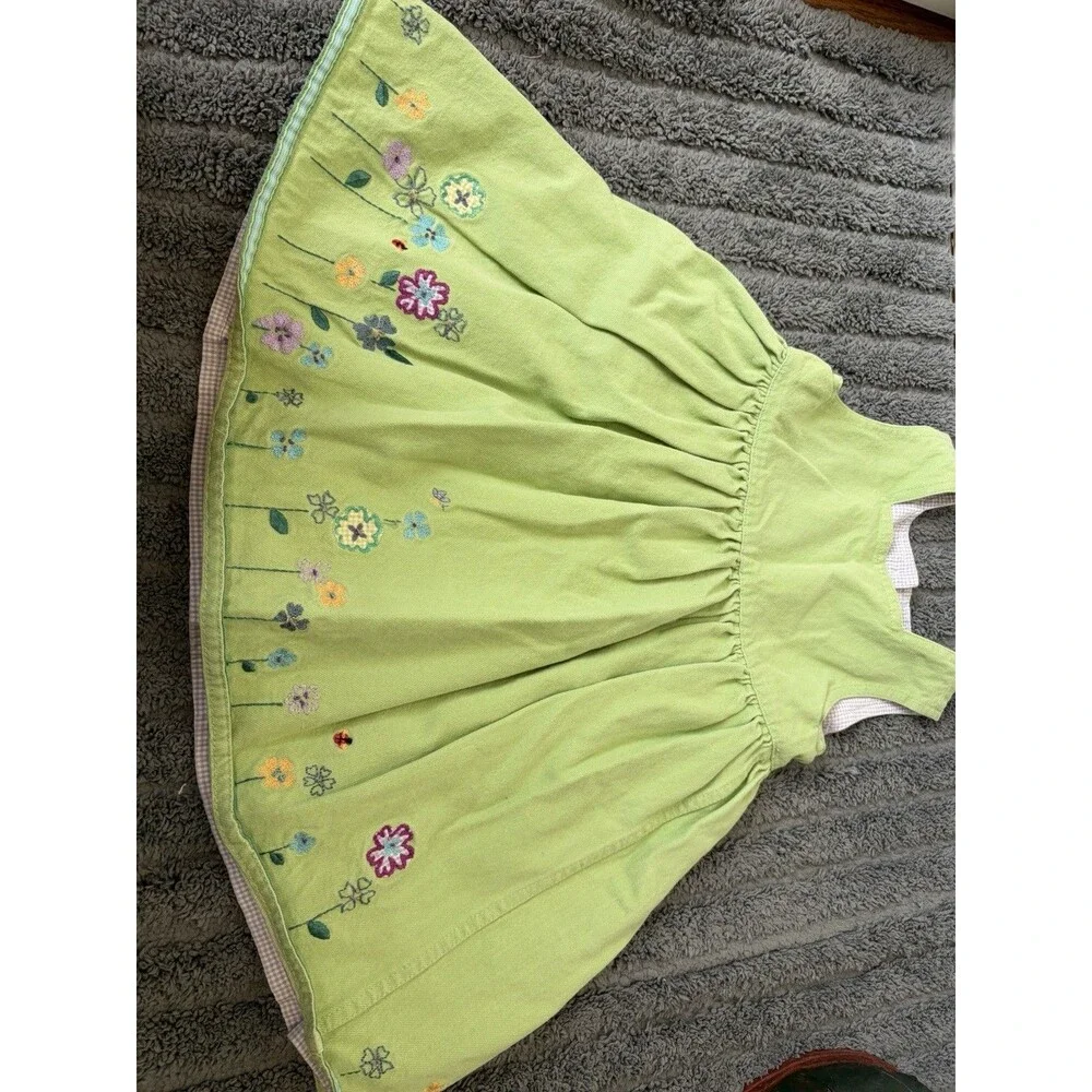 VTG Baby Gap Lime Green Heavy Cotton Denim Dress Floral Embroidered Lined Y2K 2T